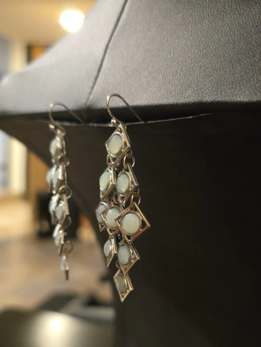 Silver Tone Geometric Dangle Earrings with Light Blue Opalescent Stones